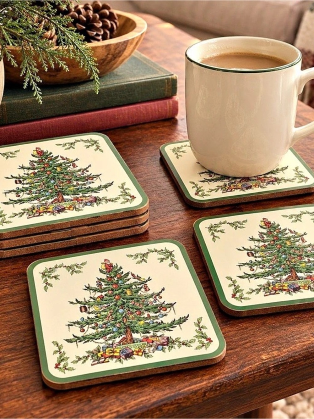 Vintage Pimpernel Christmas Tree Coasters Set of 6, Spode-Style Holiday Coasters